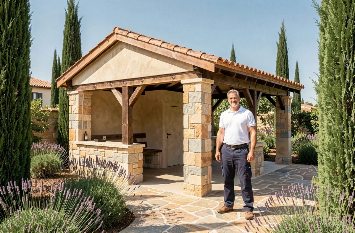 Abri de jardin maçonné en pierre avec toit en tuiles dans un jardin méditerranéen en PACA