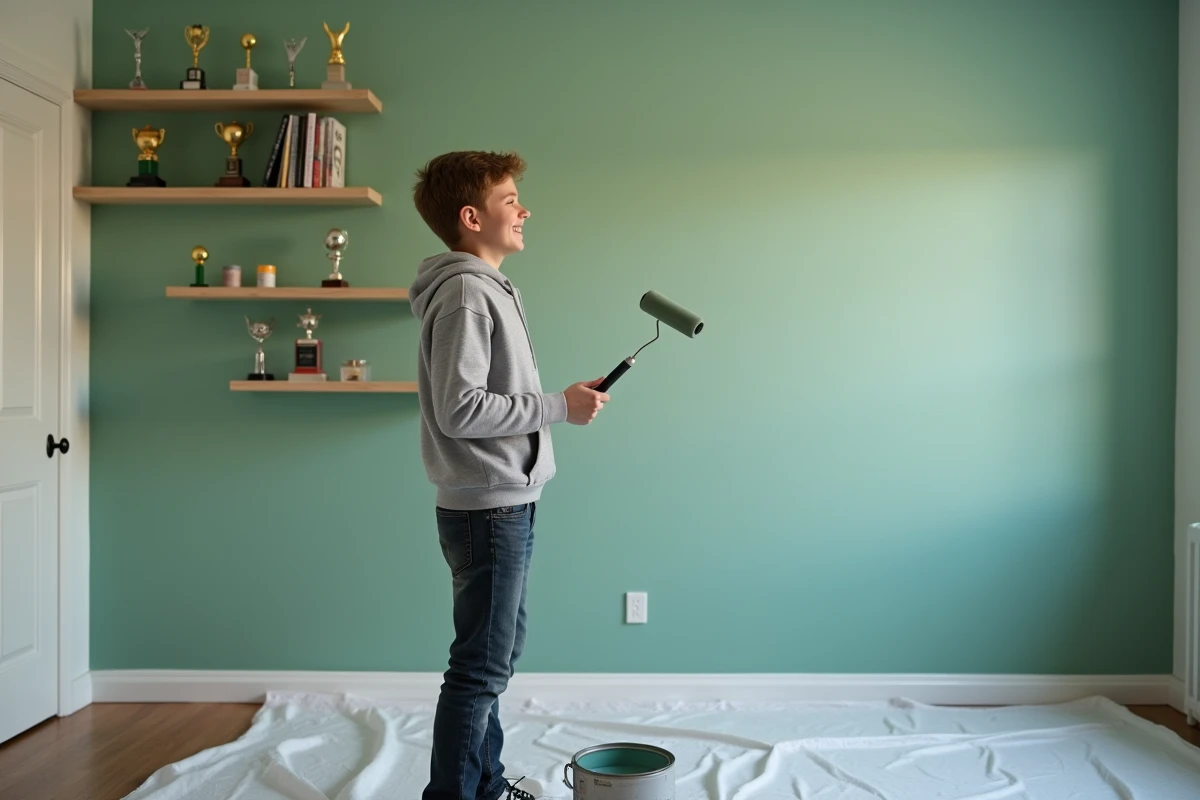 Adolescent garçon peignant sa chambre en vert sauge, atmosphère énergique de rénovation et personnalisation de chambre ado