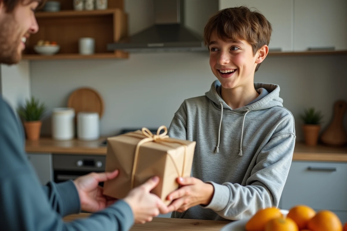 Adolescent offrant un cadeau dans une pochette en papier recyclé