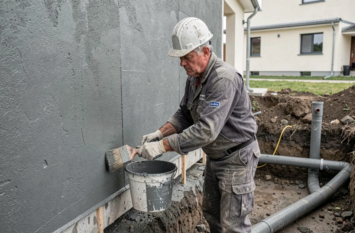 Professionnel d'A.d.r.c. appliquant un enduit d'étanchéité sur les murs extérieurs d'une fondation de maison neuve dans le Grand Est