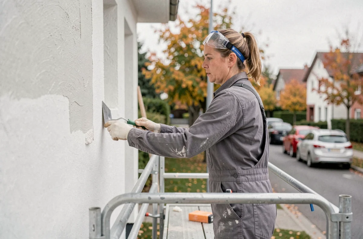 Artisane d'Alfabat appliquant un enduit isolant sur la façade d'une maison en rénovation en Lorraine, depuis un échafaudage mobile