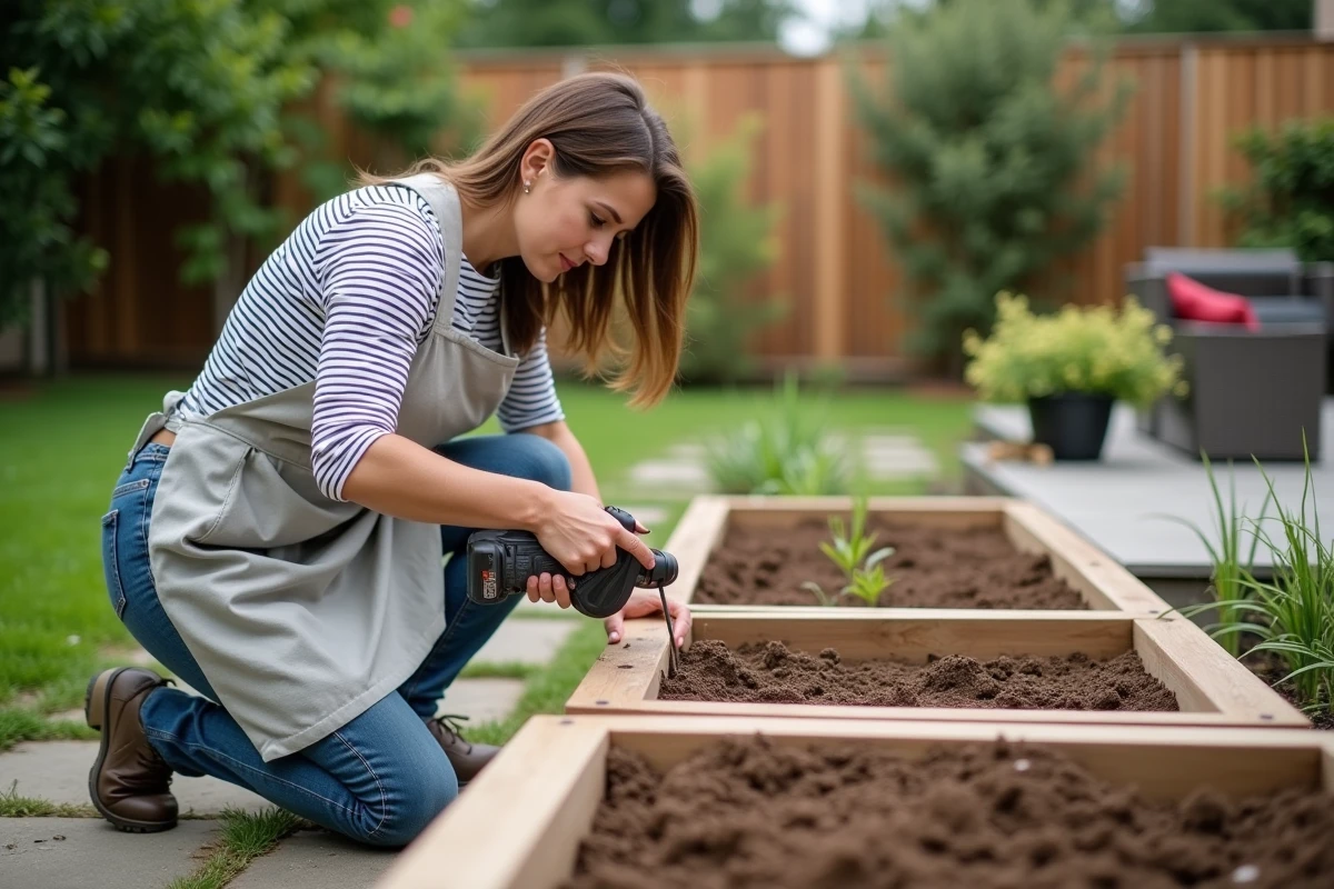 Femme installant un carré potager en bois dans un jardin résidentiel, travaux extérieurs jardinage
