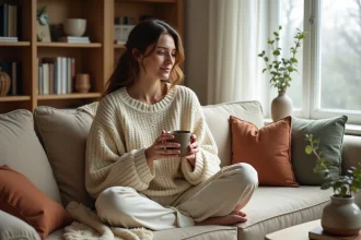 Jeune femme en pull tricoté épais tenant un mug en céramique sur un canapé boucle beige dans un appartement en location décoré façon hygge avec plaids et coussins doux
