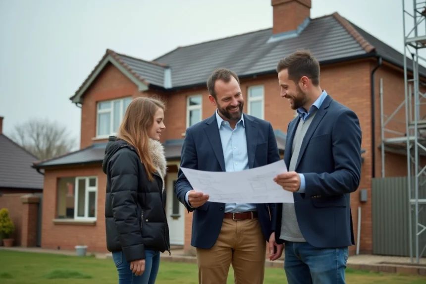 Architecte montrant des plans de rénovation à un couple devant une maison