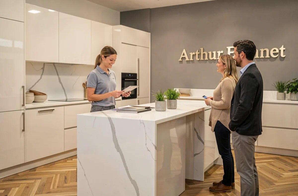 Showroom Arthur Bonnet à Albi avec une cuisine laquée blanche et un îlot en quartz présentée par un conseiller