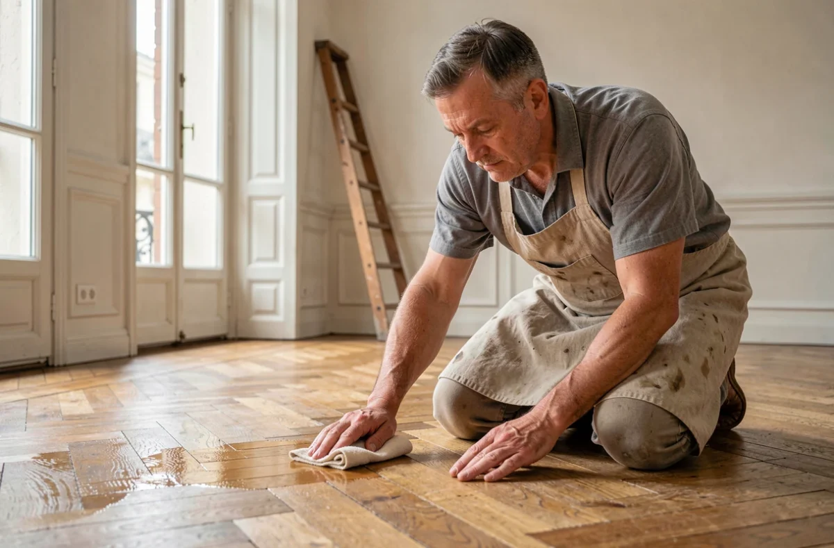Artisan appliquant de l'huile sur un parquet massif ancien en point de Hongrie dans un appartement haussmannien