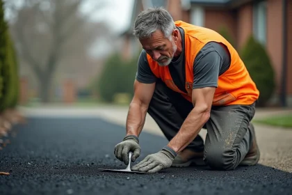 Artisan enrobeur lissant une surface d'enrobé bitumineux sur une allée de maison individuelle
