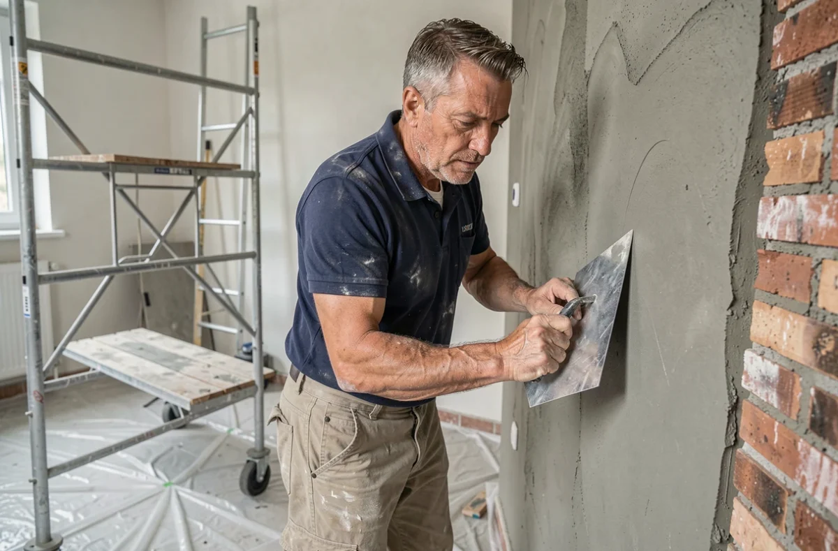 Un artisan qualifié applique de l'enduit sur un mur intérieur lors d'une rénovation résidentielle, savoir-faire et précision au premier plan