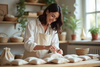 Femme arrangeant des savons artisanaux dans des sachets en coton