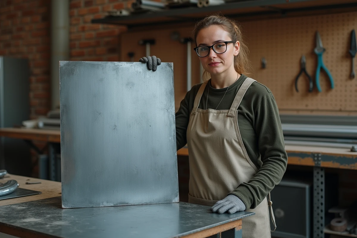 Artisane couvrière en atelier inspectant une plaque de zinc fraîchement patinée avant pose sur toiture
