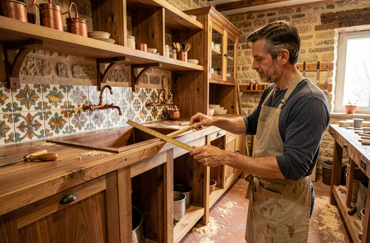 Atelier de la Cuisine à Gaillac avec un artisan menuisier mesurant un meuble en noyer dans son atelier-showroom