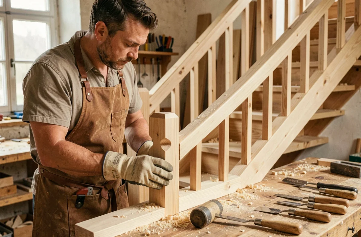 Artisan de l'Atelier Lacour assemblant une rampe d'escalier en bois dans son atelier de Trélazé