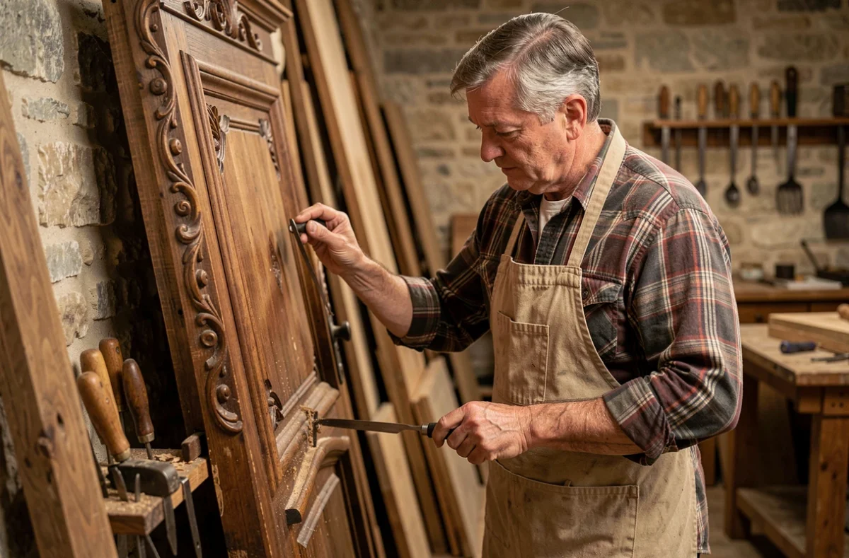 Artisan menuisier des Ateliers Perrault restaurant une porte en bois du patrimoine dans les Mauges