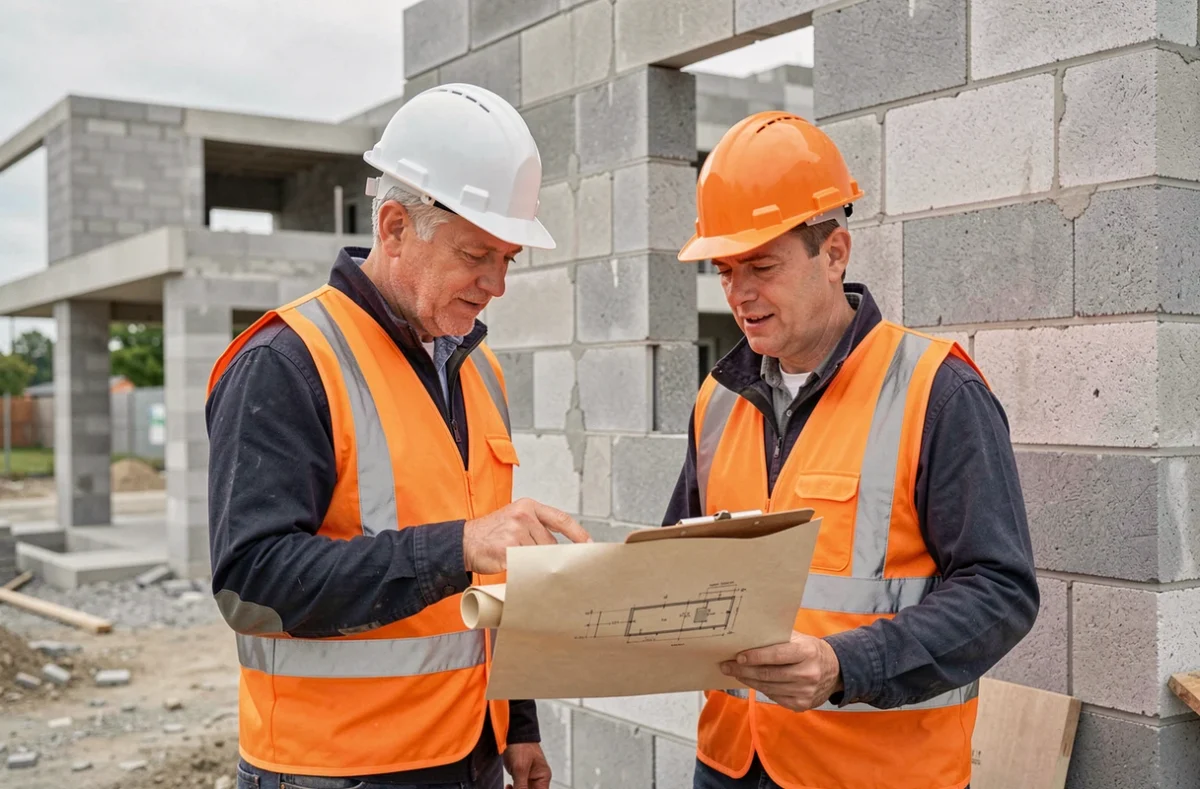Deux professionnels d'Atmc consultant des plans techniques devant un mur en parpaings sur un chantier commercial dans le Grand Est