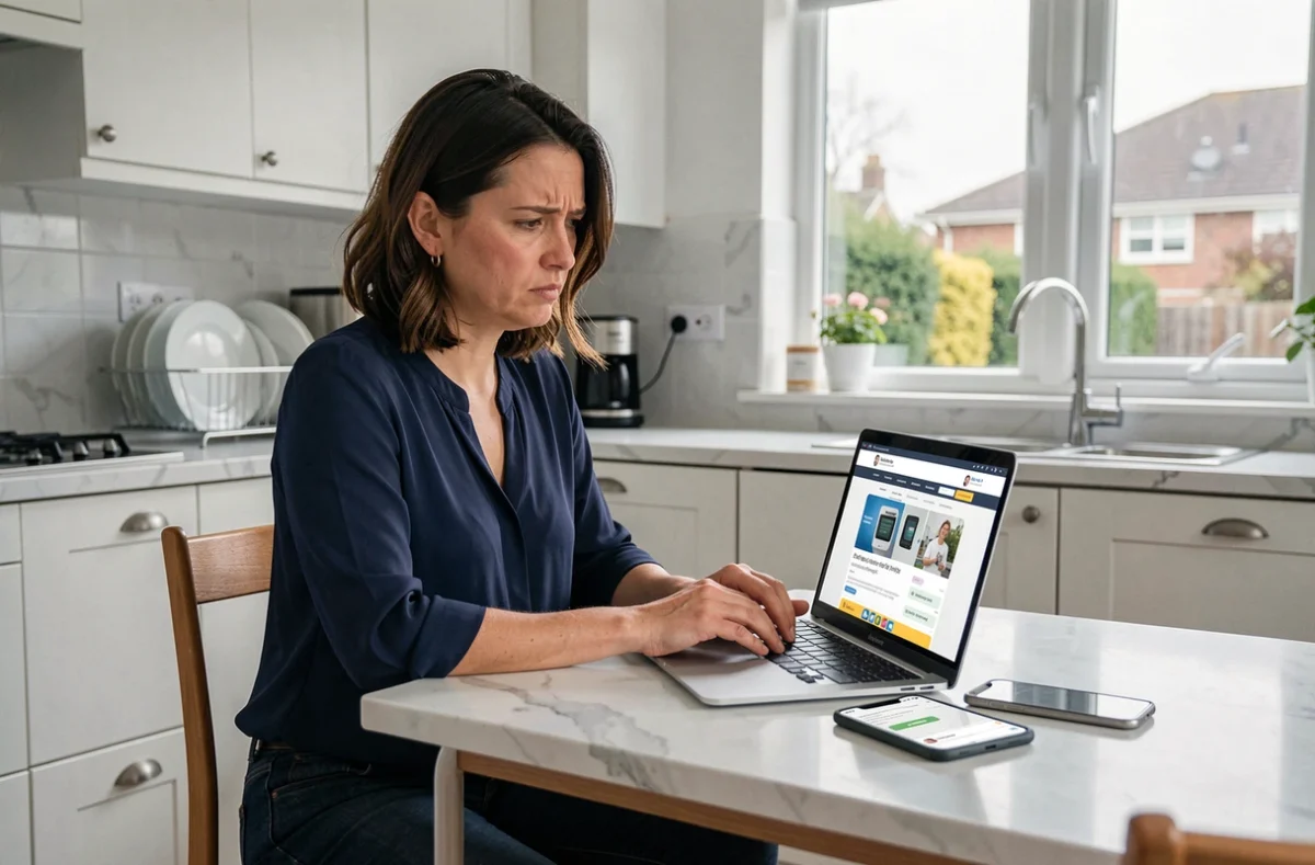 Femme consultant des avis clients sur le service après-vente de l'alarme Homiris depuis son ordinateur