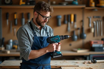 Homme examinant une perceuse sans fil Parkside dans un atelier de bricolage bien organisé