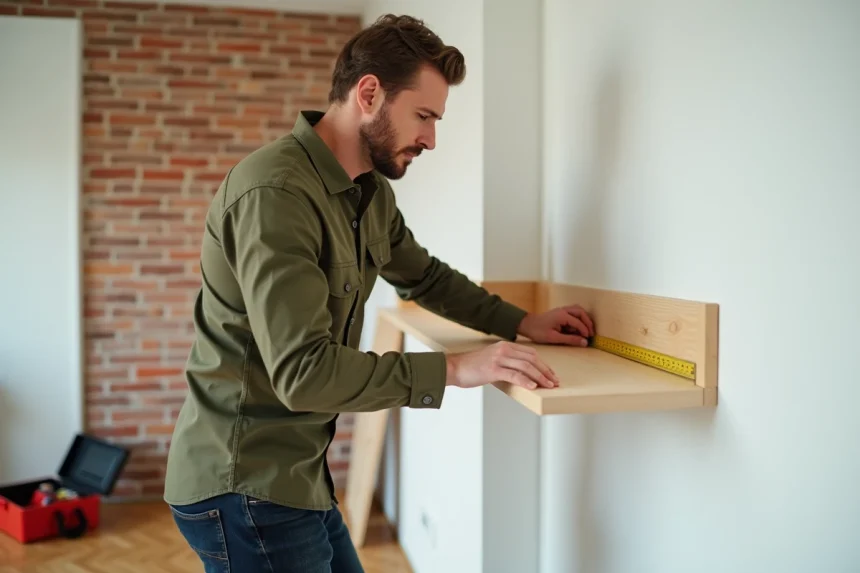 Homme mesurant une étagère en bois dans un appartement moderne, bricolage intérieur maison