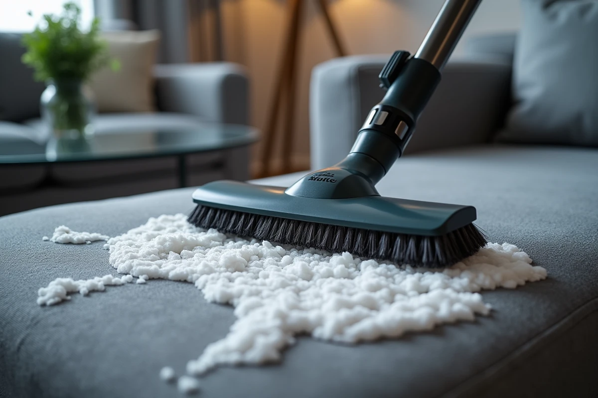 Gros plan de la brosse d'une shampouineuse sur un canapé en tissu gris pour supprimer les odeurs tenaces