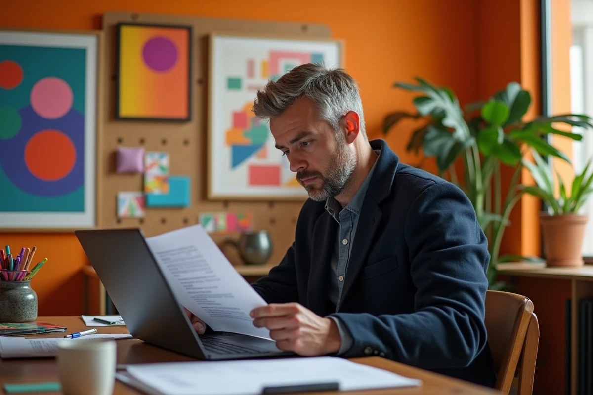 Designer masculin analysant un budget de relooking pop design à son bureau entouré de références graphiques colorées
