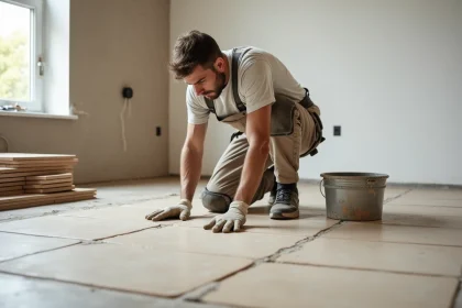 Carreleur professionnel posant des carreaux en grès cérame dans un salon de particulier avec outil de niveau et colle à carrelage