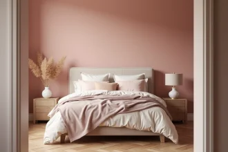 Chambre adulte aux murs rose poudré mat avec literie en lin ivoire et parquet chêne, décoration minimaliste scandinave