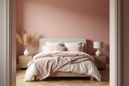 Chambre adulte aux murs rose poudré mat avec literie en lin ivoire et parquet chêne, décoration minimaliste scandinave