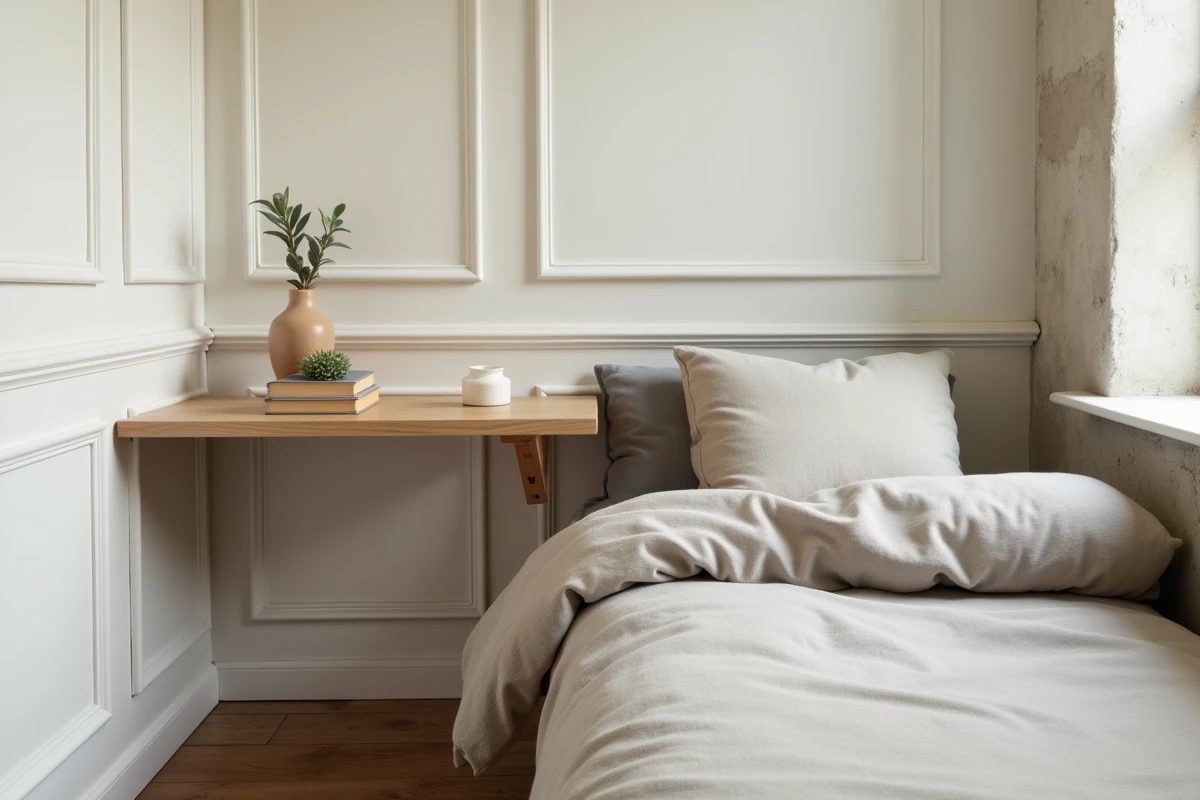 Petite chambre optimisée avec un bureau mural rabattable et des rangements flottants dans un appartement français