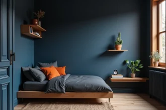 Chambre de garçon ado décorée en bleu marine profond et gris anthracite avec accents orange, ambiance cosy et moderne