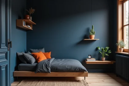 Chambre de garçon ado décorée en bleu marine profond et gris anthracite avec accents orange, ambiance cosy et moderne
