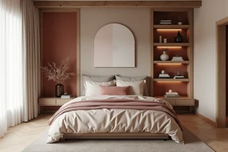 Chambre parentale king size alliant style rustique et déco romantique, avec literie mixte et deux ambiances décoratives distinctes de chaque côté du lit