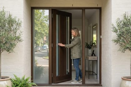 Femme examinant sa porte d'entrée moderne devant une façade en brique claire, illustrant le choix entre sécurité, isolation et style