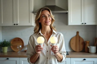 Femme comparant deux ampoules LED de tailles différentes dans une cuisine moderne pour choisir le bon éclairage