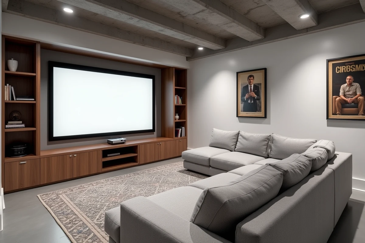 Salle de cinéma maison aménagée dans un sous-sol avec écran motorisé, canapé modulable et meuble TV en noyer
