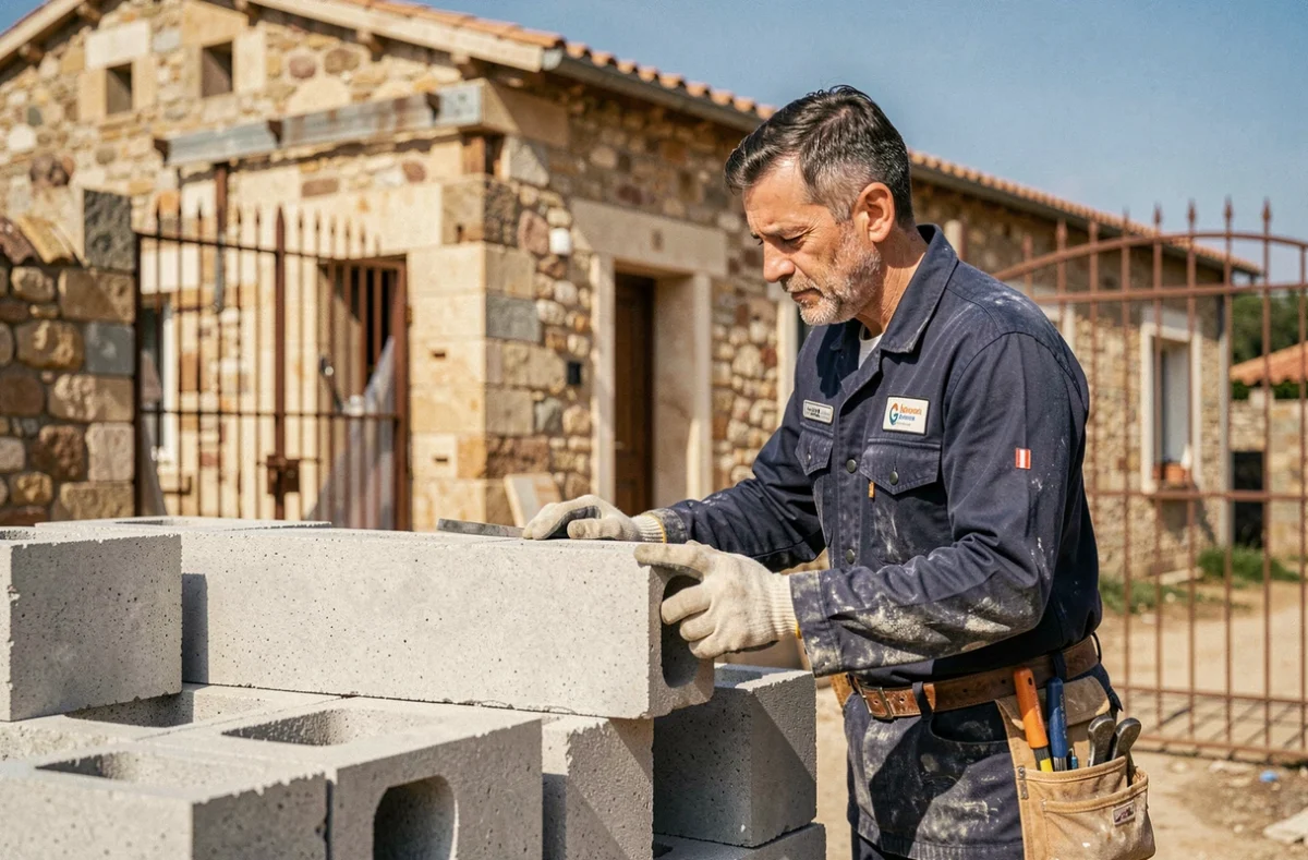 Maçon de l'entreprise COBAD inspectant un chantier de maçonnerie et rénovation dans le Var
