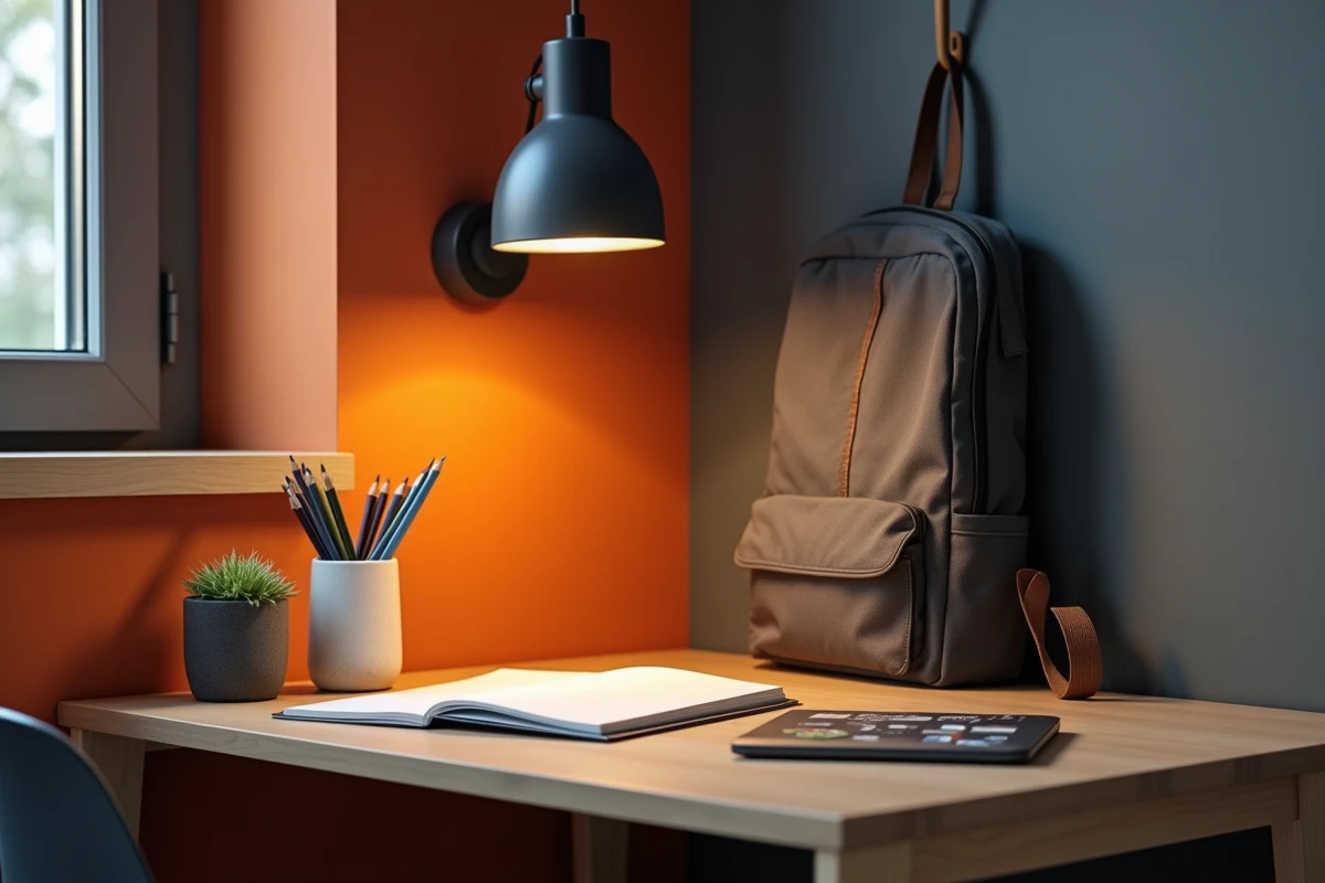 Coin bureau de chambre garçon ado avec contraste de couleurs terracotta et gris ardoise, décoration moderne et personnalisée