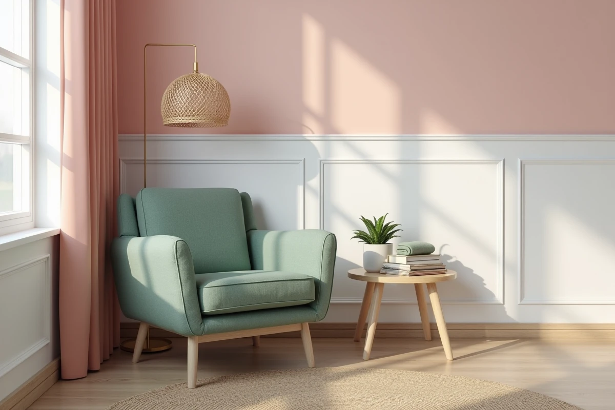 Coin lecture d'une chambre adulte avec mur bicolore rose blush et blanc, fauteuil en lin vert sauge et décoration naturelle