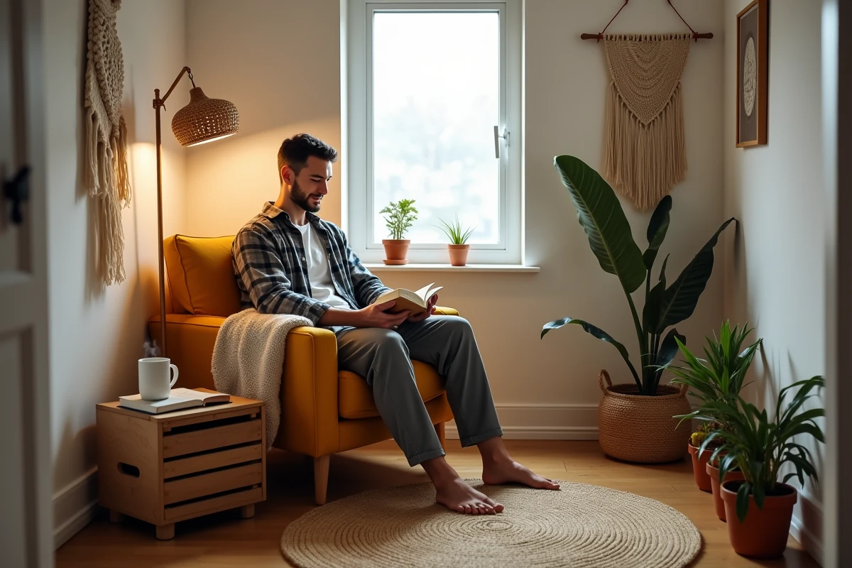 Homme installé dans un fauteuil moutarde dans un coin lecture cosy d'une chambre de location, entouré d'un plaid en grosse maille, de plantes en pot et d'un tapis en jute dans une ambiance hygge