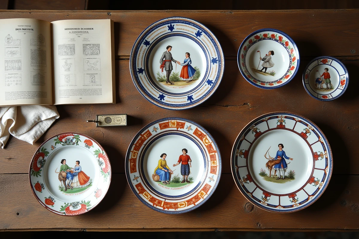 Collection de plats et assiettes anciennes Henriot Quimper disposés en flat-lay avec catalogue de référence pour comparaison des marques de fabrique