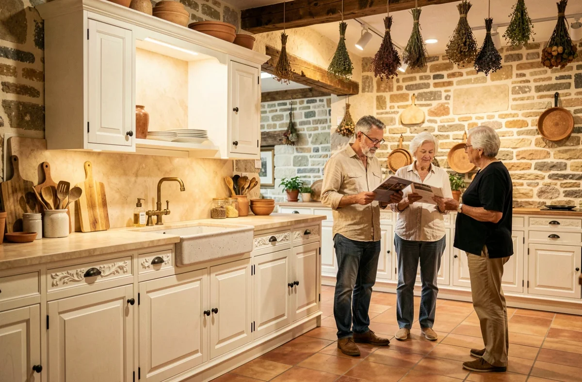 Showroom Comera Cuisines à Lavaur avec une cuisine style provençal en blanc antique et un conseiller avec des clients âgés