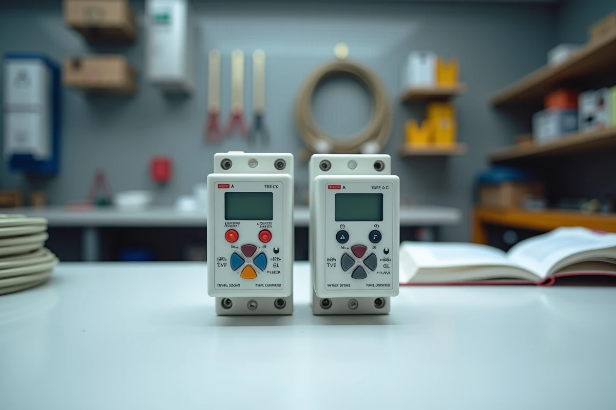 Comparaison côte à côte d'un disjoncteur différentiel type A et type AC sur un établi d'atelier électrique