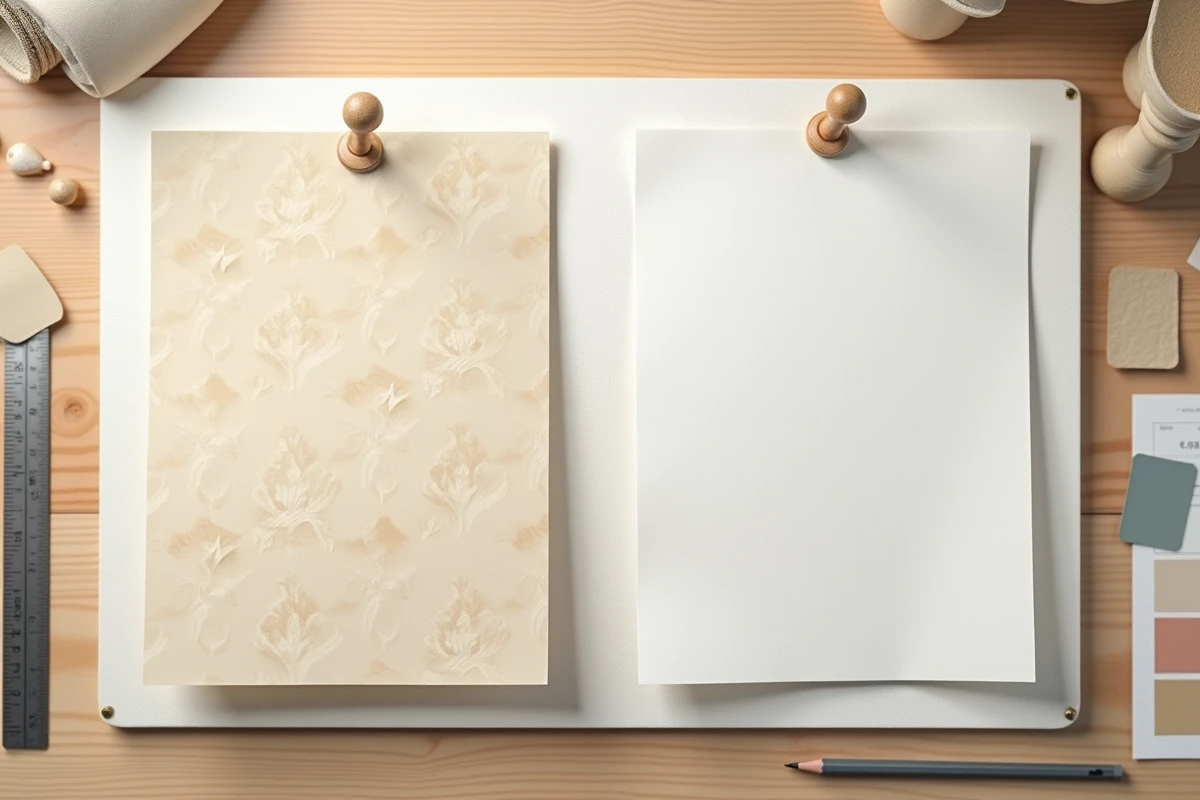 Comparaison de deux échantillons de papier peint beige, un à motif damassé et un uni ivoire texturé, sur table de travail