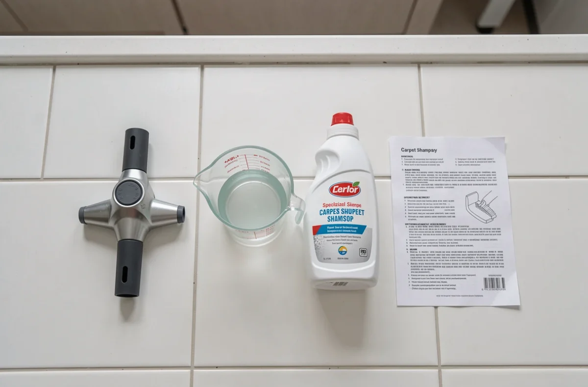 Vue de dessus d'une shampouineuse, d'une lessive et d'un mode d'emploi comparés sur un comptoir de cuisine blanc