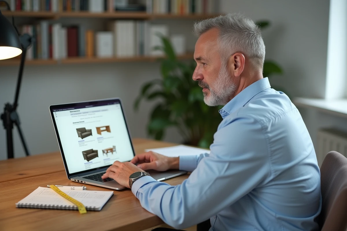 Homme comparant des offres de packs mobilier AMEUBLEA sur ordinateur portable avec des notes manuscrites et un mètre ruban posés sur un bureau en bois