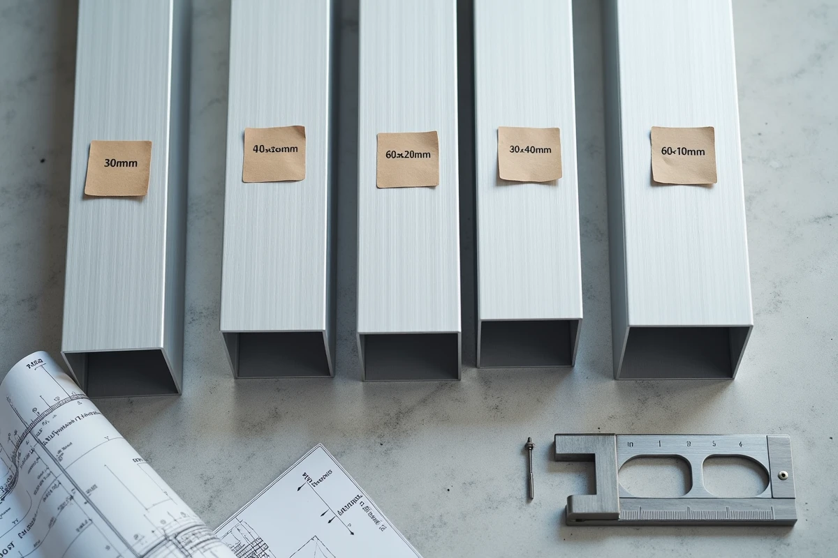 Comparaison de sections de tubes rectangulaires en aluminium de différentes dimensions posées à plat avec plans techniques pour plancher léger
