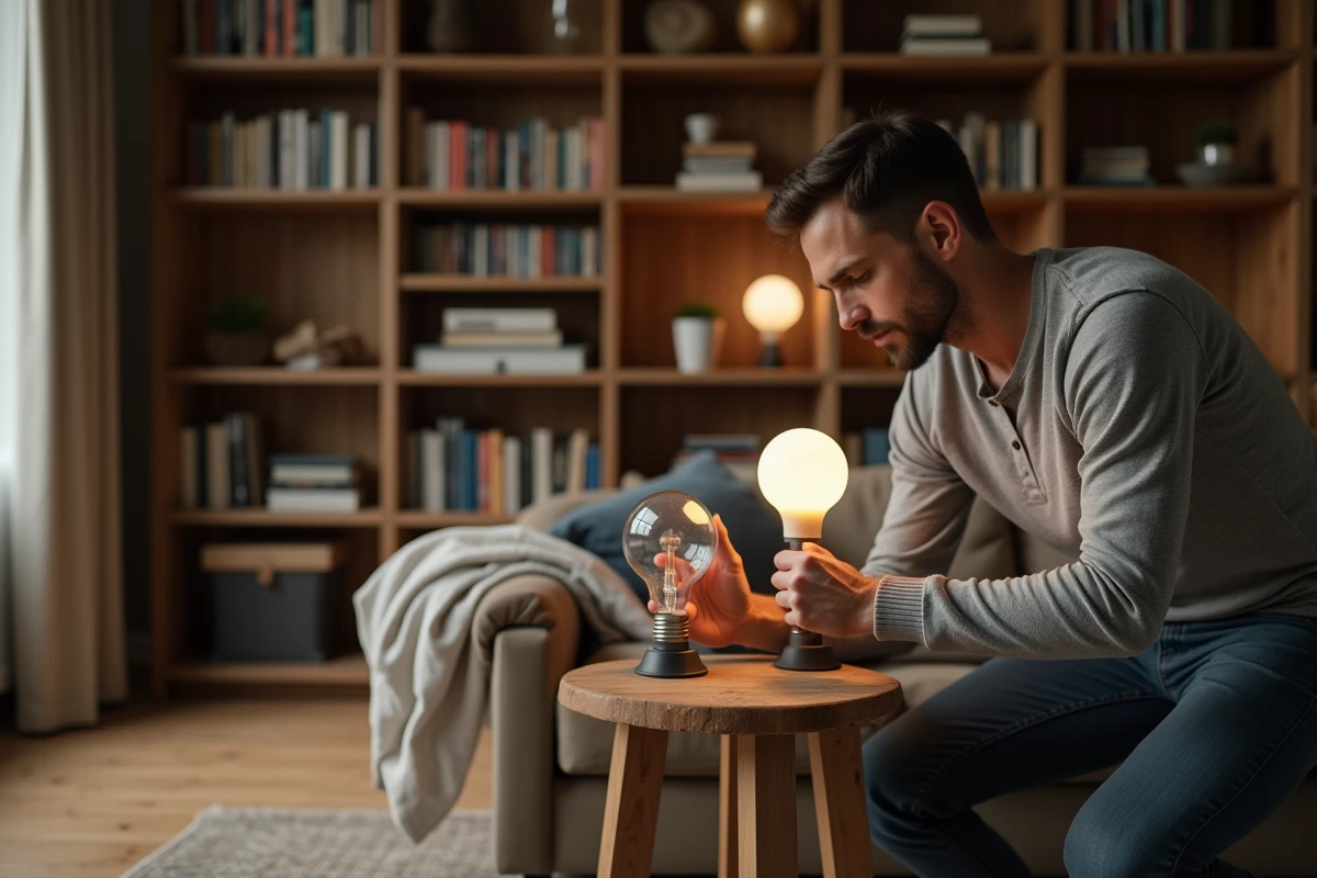 Homme comparant une ampoule globe et une ampoule standard A60 pour trouver la bonne taille de lampe au salon