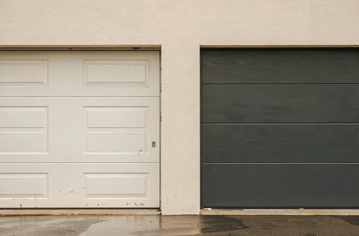 Comparaison de deux types de portes de garage côte à côte, une blanche classique et une anthracite moderne, sur une façade de maison