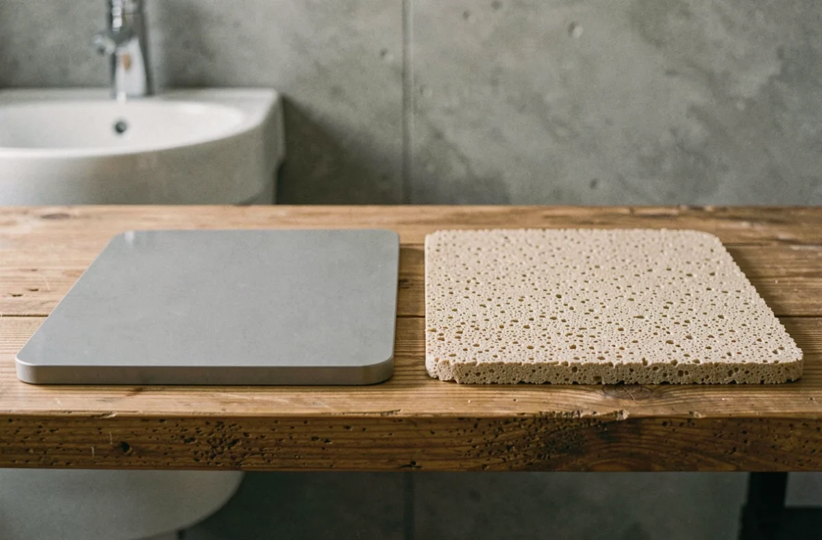 Comparatif de deux tapis en diatomite aux finitions différentes : gris poli et beige naturel rugueux
