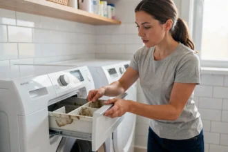 Femme inspectant le compartiment lessive d'un lave-linge pour éviter les mauvaises odeurs