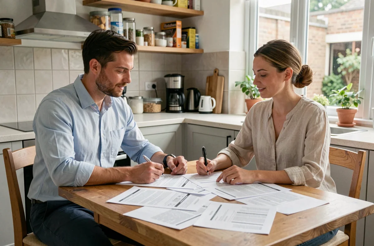 Un conseiller en rénovation présente des devis à une propriétaire autour d'une table de cuisine, ambiance professionnelle et rassurante