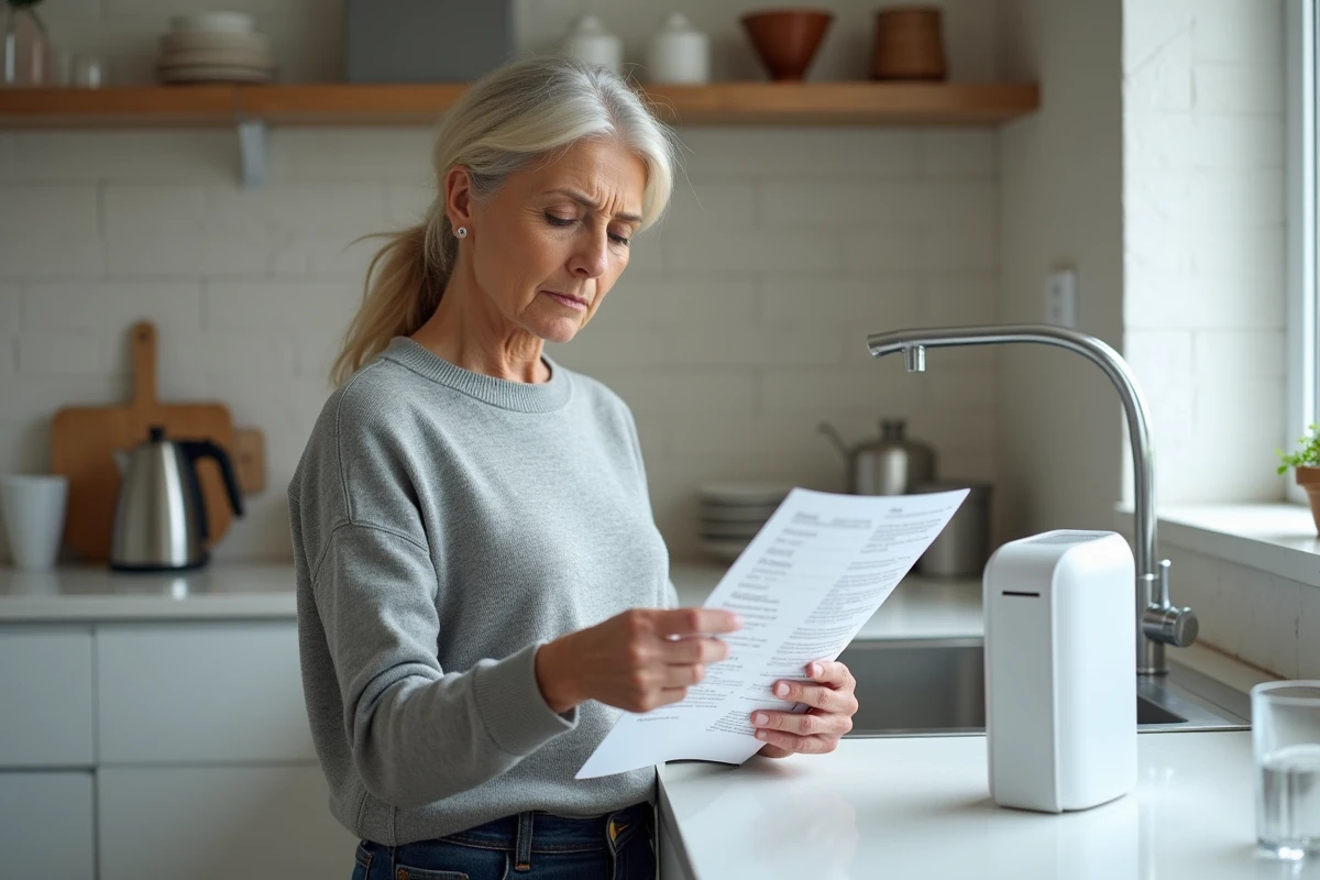 Femme consultant un rapport de test indépendant sur un aimant anti-calcaire posé sur un plan de travail